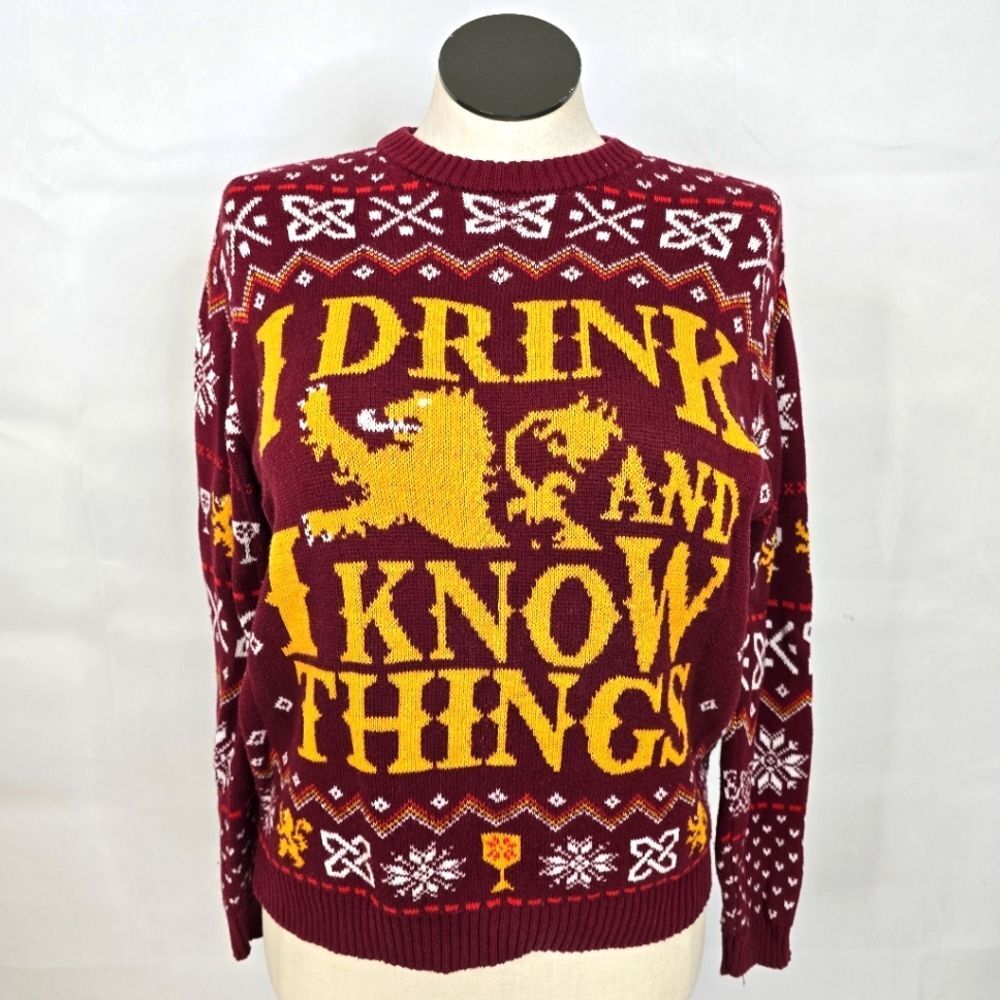 HBO Game Of Thrones Red "I Drink And I Know Things" Ugly Christmas Sweater Sz M